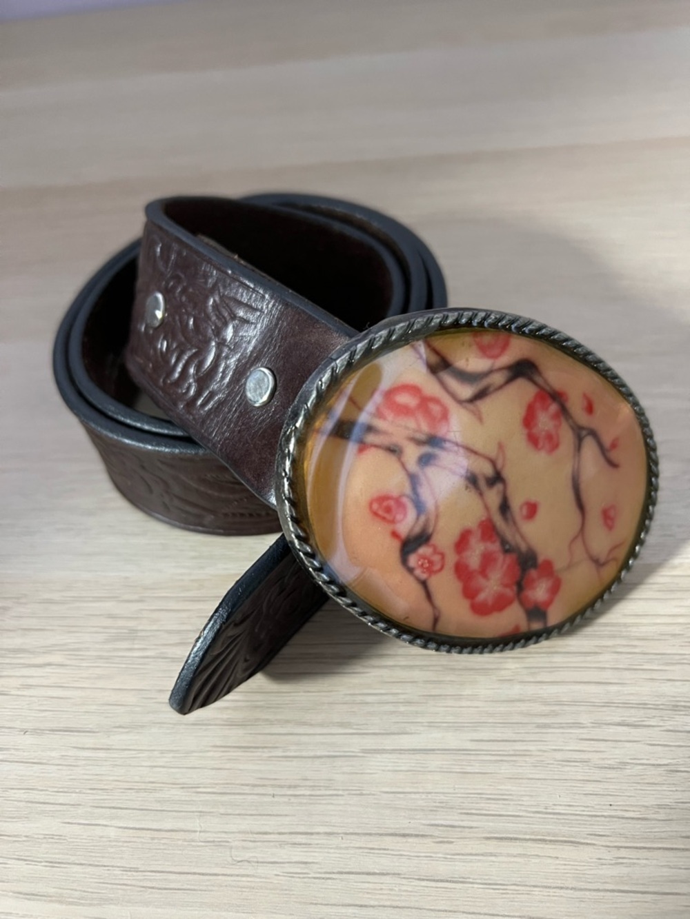 Faithful Designs X IVAN Oval Cherry Blossoms Metal Buckle Tooled Leather Belt XS